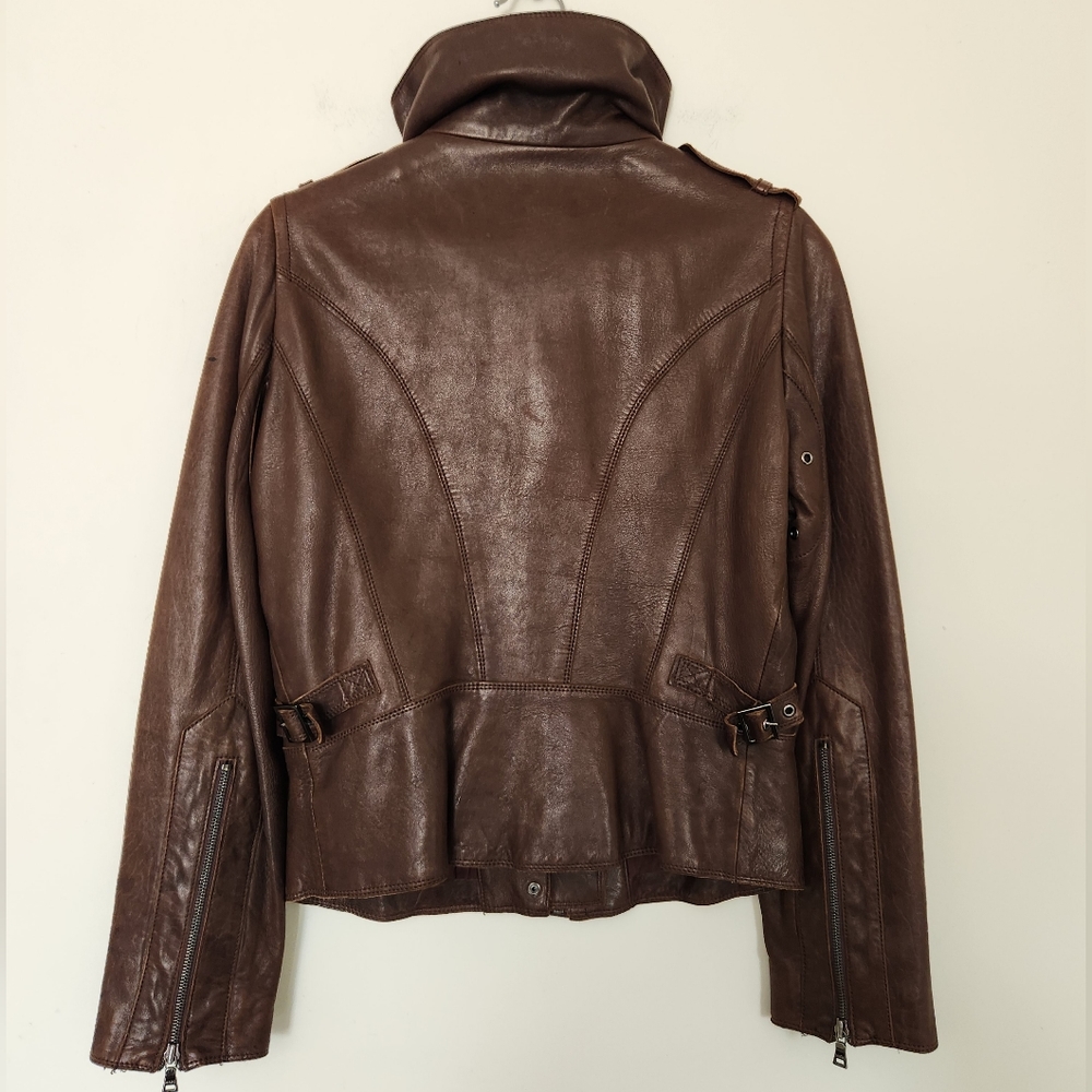 Marc New York Andrew Marc Brown Leather Funnel High Collar Jacket - Picture 4 of 15